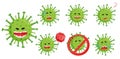 Set of emoji with coronovirus COVID-19. Evil smile, fear, surprise, fear, horror, crying, tears, question, forbidden